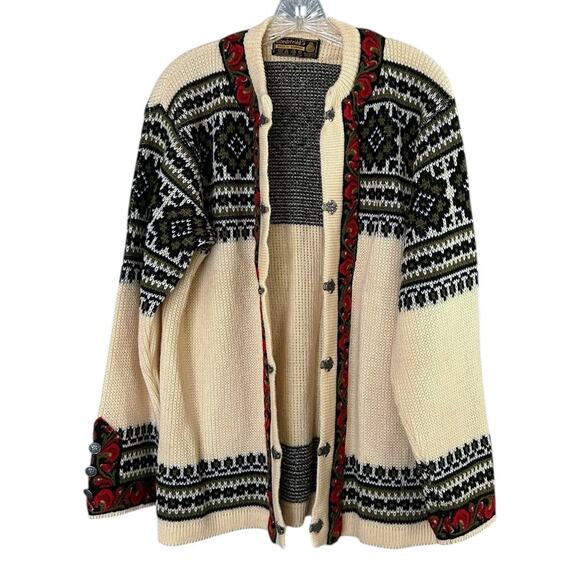 Nordstrikk Norway 100% Wool Cardigan Women’s XL Cream Floral Trim Pewter Hooks - Picture 3 of 7